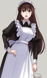 Rule 34 | 1girl, alternate costume, aozaki aoko, apron, black dress, blue eyes, blush, brown hair, commentary request, dress, enmaided, grey background, hand on own hip, highres, juliet sleeves, long hair, long sleeves, looking at viewer, mahou tsukai no yoru, maid, maid apron, maid headdress, puffy sleeves, shintyoi2, simple background, solo, white apron