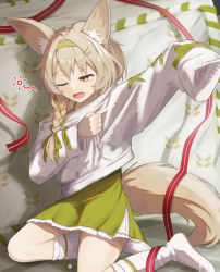 Rule 34 | 1girl, arknights, beanstalk (arknights), beanstalk (gift uncompleted) (arknights), cropped sweater, dress, female focus, green dress, green hairband, hair ornament, hairband, hairclip, highres, hyena ears, hyena girl, hyena tail, kneehighs, off-shoulder sweater, off shoulder, official alternate costume, one eye closed, open mouth, over-kneehighs, shironekoban, sleeves past fingers, sleeves past wrists, socks, solo, squeans, sweater, thighhighs, waking up, white socks, white sweater, yawning