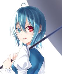 Rule 34 | 1girl, :p, blue eyes, blue hair, blue vest, breasts, commentary request, from behind, hair between eyes, heterochromia, highres, holding, holding umbrella, juliet sleeves, koissa, long sleeves, looking at viewer, looking back, medium breasts, one-hour drawing challenge, puffy sleeves, red eyes, shirt, short hair, simple background, smile, solo, tatara kogasa, tongue, tongue out, touhou, umbrella, vest, white background, white shirt