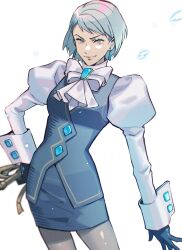 Rule 34 | 1girl, absurdres, ace attorney, ascot, black gloves, black skirt, black vest, blue gemstone, blue hair, bow, bowtie, breasts, buttons, closed mouth, commentary request, cowboy shot, diamond button, earrings, formal, franziska von karma, gem, gloves, grey eyes, grey pantyhose, highres, holding, holding whip, jewelry, juliet sleeves, long sleeves, looking at viewer, miniskirt, mole, mole under eye, nshi, pantyhose, pencil skirt, puffy sleeves, shirt, short hair, simple background, skirt, skirt suit, sleeve cuffs, small breasts, smile, solo, standing, suit, swept bangs, turtleneck, vest, whip, white ascot, white background, white bow, white bowtie, white shirt