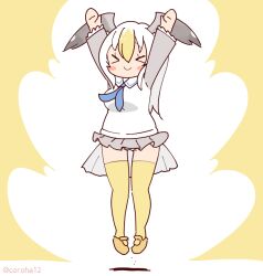 Rule 34 | 1girl, arms up, bird girl, bird tail, bird wings, blonde hair, common gull (kemono friends), coroha, feathered wings, full body, head wings, jumping, kemono friends, kemono friends 3, long hair, looking at viewer, multicolored hair, necktie, shirt, shoes, simple background, skirt, solo, tail, thighhighs, two-tone hair, white hair, wings, yellow background