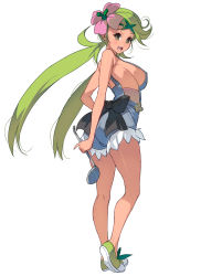 Rule 34 | 1girl, breasts, commentary request, creatures (company), dark-skinned female, dark skin, flower, full body, game freak, green eyes, green hair, hair flower, hair ornament, highres, kouno (masao), landle, large breasts, long hair, looking at viewer, low twintails, mallow (pokemon), nintendo, no bra, open mouth, overalls, pokemon, pokemon sm, sideboob, solo, swept bangs, tan, twintails