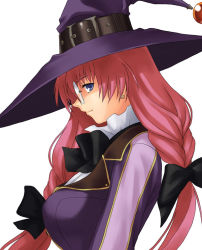 Rule 34 | 1girl, alfa system, belt, blue eyes, bow, braid, breasts, earrings, fumiko odette vanstein, glasses, hair bow, hat, jewelry, large breasts, long hair, pink hair, profile, red hair, shikigami no shiro, smile, solo, twin braids, upper body, very long hair, witch, witch hat