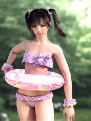 Rule 34 | 1girl, 3d, bandeau, bikini, bracelet, brown eyes, brown hair, clear (character), female focus, flat chest, green background, incise soul, innertube, jewelry, long hair, looking at viewer, m-rs, pink bikini, plaid, realistic, smile, solo, standing, swim ring, swimsuit, teeth, twintails