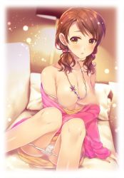 Rule 34 | 1girl, alpha (yukai na nakamatachi), blurry, blush, breasts, brown eyes, brown hair, censored, censored nipples, commentary request, houjou karen, idolmaster, idolmaster cinderella girls, jewelry, long hair, looking at viewer, low twintails, medium breasts, necklace, panties, parted lips, solo, twintails, underwear, undressing, white panties