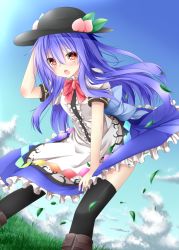 Rule 34 | 1girl, black thighhighs, blue hair, blush, boots, chabaneko, circle skirt, cloud, day, female focus, food, fruit, grass, hat, highres, hinanawi tenshi, long hair, open mouth, peach, red eyes, short sleeves, skirt, sky, solo, tarutaru22, thighhighs, touhou, very long hair, wind