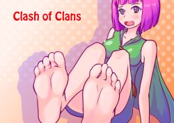 Rule 34 | 1girl, absurdres, archer (clash of clans), barefoot, blush, clash of clans, feet, foot focus, highres, looking at viewer, multicolored eyes, open mouth, pink hair, pov, short hair, soles, toes