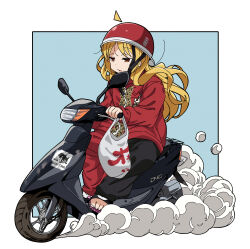 Rule 34 | 1girl, absurdres, ahoge, blonde hair, bocchi the rock!, brown eyes, detached ahoge, driving, dust, goumonsha, helmet, highres, ijichi seika, jacket, long hair, long sleeves, motor vehicle, multicolored pants, open mouth, pants, red jacket, red shirt, sandals, scooter, shirt, solo, toes