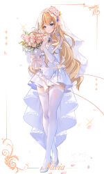 Rule 34 | 1girl, abstract background, blonde hair, blue eyes, bouquet, breasts, bridal gauntlets, bridal veil, character name, closed mouth, commentary, dated, detached collar, dress, elbow gloves, flower, full body, genshin impact, gloves, hair flower, hair ornament, high heels, highres, holding, holding bouquet, jewelry, long hair, looking at flowers, medium breasts, miaogujun, navia (genshin impact), pendant, pink flower, pink rose, rose, signature, smile, solo, strapless, strapless dress, symbol-only commentary, thighhighs, veil, wedding dress, white background, white dress, white footwear, white gloves, white thighhighs