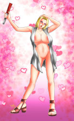 Rule 34 | 1girl, areola slip, blonde hair, breasts, daniel ortega mompean, female focus, hand fan, heart, highres, large breasts, makeup, naruto, naruto (series), open clothes, open mouth, pussy, sandals, solo, tagme, tsunade (naruto), uncensored, yellow eyes