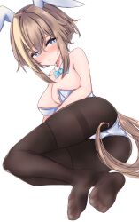 Rule 34 | 1girl, absurdres, armpit crease, ass, bare shoulders, black pantyhose, blue eyes, blush, breasts, brown hair, cdsola, cheval grand (umamusume), cleavage, commentary request, detached collar, ear covers, feet, hair between eyes, highres, horse girl, large breasts, leotard, looking at viewer, multicolored hair, nontraditional miko, pantyhose, simple background, sitting, soles, solo, streaked hair, thighband pantyhose, toes, umamusume, white background, white hair, yokozuwari