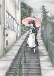 Rule 34 | 1girl, karin tou, maid, rain, solo, stairs, tagme, umbrella