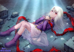 Rule 34 | 1girl, artist name, boots, brick floor, bricks, cloth, eyelashes, fate/grand order, fate/stay night, fate (series), gyatto624, hands on own chest, hands together, highres, illyasviel von einzbern, knees together feet apart, legs together, long hair, long sleeve shirt, long sleeves, looking at viewer, lying, on back, petals, purple shirt, red eyes, shirt, skirt, sunlight, tagme, water, wet, white hair