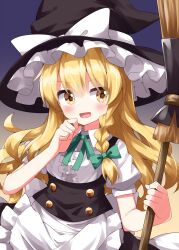 Rule 34 | 1girl, apron, black hat, blonde hair, blush, bow, braid, broom, commentary request, gradient background, hat, hat bow, highres, holding, holding broom, kirisame marisa, long hair, looking at viewer, multicolored background, open mouth, ruu (tksymkw), short sleeves, side braid, single braid, solo, touhou, waist apron, white apron, white bow, witch hat, yellow eyes