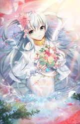 Rule 34 | 1girl, bad id, bad pixiv id, blue eyes, blue hair, collarbone, dress, flower, from above, hair flower, hair ornament, highres, long hair, looking at viewer, matching hair/eyes, partially submerged, pink flower, snow is, snow is , solo, sword girls