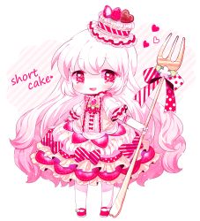 Rule 34 | 1girl, bad id, bad pixiv id, bow, brooch, cake, candy, chocolate, chocolate heart, dress, food, food-themed clothes, fork, fruit, full body, gradient hair, haru431, hat, heart, highres, jewelry, layered dress, lolita fashion, long hair, looking at viewer, multicolored hair, original, pantyhose, personification, pink hair, pocketland, polka dot, polka dot bow, red bow, red eyes, red footwear, shoes, smile, solo, standing, strawberry, strawberry shortcake, striped, striped bow, sweet lolita, white background, white hair, white pantyhose