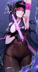 Rule 34 | 1girl, absurdres, arm behind head, arm up, armpits, bare shoulders, bikini, black bikini, black gloves, black hair, black hat, black pantyhose, blush, breasts, cleavage, covered navel, facial mark, fate/grand order, fate (series), fingerless gloves, forehead mark, gloves, halterneck, hat, highres, large breasts, long hair, looking at viewer, multicolored hair, necktie, pantyhose, parted bangs, parted lips, pink hair, pink necktie, police hat, ponytail, rororo, sessyoin kiara, sessyoin kiara (swimsuit mooncancer), sessyoin kiara (swimsuit mooncancer) (second ascension), shaded face, solo, streaked hair, swimsuit, thighs, traffic baton, very long hair, wading, water, wet, yellow eyes
