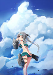 Rule 34 | 1girl, akanbe, alternate costume, ass, bikini, bikini skirt, blue sky, blush, breasts, brown eyes, cannon, cloud, cloudy sky, day, eyelid pull, finger to eye, frilled bikini, frills, from behind, green bikini, grey hair, hair ribbon, holding, holding clothes, holding footwear, kantai collection, kasumi (kancolle), kasumi kai ni (kancolle), loafers, long hair, looking at viewer, machinery, outdoors, ribbon, rigging, shoes, side ponytail, sky, solo, swimsuit, thigh strap, tongue, tongue out, torpedo launcher, turret, yuuzuki (re&#039;ef)