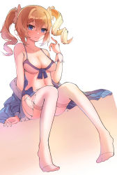Rule 34 | 1girl, absurdres, bad id, bad pixiv id, barbara (genshin impact), bikini, blonde hair, blue eyes, breasts, cleavage, closed mouth, unworn clothes, collarbone, commentary, drill hair, frilled skirt, frills, full body, genshin impact, hair between eyes, hair ornament, hand up, highres, knees together feet apart, kyoto mogu, looking at viewer, medium breasts, navel, no shoes, off shoulder, pantyhose, see-through, see-through skirt, short twintails, simple background, sitting, skirt, smile, solo, swimsuit, thighhighs, thighs, twintails, white background, white thighhighs