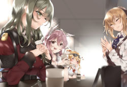 Rule 34 | 4girls, absurdres, animal ears, apron, bababababan, barista, cafe, cat ears, closed eyes, coffee, coffee cup, commentary request, cup, disposable cup, eyes visible through hair, eyewear on head, girls&#039; frontline, griffin &amp; kryuger military uniform, helianthus (girls&#039; frontline), highres, kalina (girls&#039; frontline), multiple girls, persica (girls&#039; frontline), smile, springfield (senjuushi), steam, sunglasses