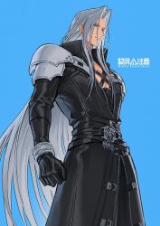 Rule 34 | 1boy, armor, belt, black cloak, black gloves, blue background, bracelet, chest strap, clenched hand, cloak, closed mouth, commentary request, cowboy shot, final fantasy, final fantasy vii, final fantasy vii rebirth, final fantasy vii remake, gloves, green eyes, grey hair, highres, jewelry, long bangs, long hair, long sleeves, looking at viewer, male focus, natsushio (x2i2a), parted bangs, sephiroth, shoulder armor, simple background, solo, twitter username, very long hair