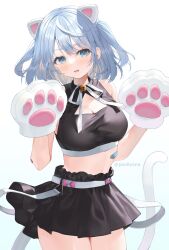 Rule 34 | 1girl, absurdres, amase kuu, animal ears, animal hands, bandaid, bare shoulders, black shirt, black skirt, blue eyes, blue hair, breasts, cat ears, cat tail, cleavage, cleavage cutout, clothing cutout, cowboy shot, crop top, fake animal ears, gloves, hands up, highres, indie virtual youtuber, looking at viewer, medium breasts, midriff, miniskirt, open mouth, paw gloves, pleated skirt, shirt, short hair, simple background, skirt, sleeveless, sleeveless shirt, solo, standing, stomach, tail, thighs, two side up, virtual youtuber, white background, yana mori