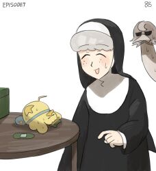 Rule 34 | 1girl, ^ ^, bag, bandaid, bird, bottle cap, closed eyes, diva (hyxpk), duck, duckling, freckles, frog headband, grey hair, habit, highres, numbered, nun, original, ostrich, sheep nun (diva), simple background, sweat, table, traditional nun, white background