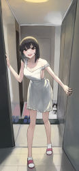 Rule 34 | 1girl, :d, absurdres, animal, apron, bare legs, bare shoulders, black eyes, black hair, black nails, blue footwear, bob cut, breasts, cat, ceiling light, cleavage, collarbone, commentary request, doorway, entrance, facial tattoo, full body, highres, korean commentary, leaning forward, legs, light blush, looking at viewer, mac star, medium breasts, mirror, nail polish, naked apron, open mouth, original, red footwear, shoes, short hair, sideboob, sleeveless, smile, socks, solo, standing, star tattoo, strap slip, tattoo, teeth, upper teeth only, white apron, white socks