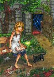 Rule 34 | 1girl, animal, barefoot, black cat, blonde hair, blood, book, bow, braid, bug, butterfly, cat, chain, door, dress, flower, frog, full body, green eyes, highres, insect, majo no ie, microsoft windows, red bow, red flower, red rose, rose, scissors, shoes, silk, smile, snake, spider web, stone, stuffed animal, stuffed toy, tea, teddy bear, viola (majo no ie), window
