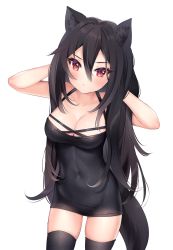 Rule 34 | 1girl, animal ear fluff, animal ears, bad id, bad pixiv id, bare arms, bare shoulders, black dress, black hair, black thighhighs, blush, breasts, cleavage, closed mouth, collarbone, commentary, covered navel, dress, hair between eyes, hands in hair, hands up, long hair, medium breasts, nami (nyaa), original, red eyes, simple background, skindentation, sleeveless, sleeveless dress, solo, standing, tail, thighhighs, very long hair, white background