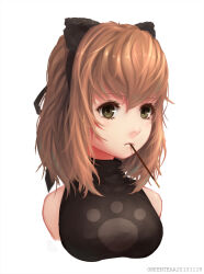 Rule 34 | 1girl, animal ears, bare shoulders, blonde hair, breasts, cat ears, closed mouth, commentary request, eyelashes, fake animal ears, food, green eyes, greenteaa, hairband, medium breasts, medium hair, mouth hold, original, paw print, pocky, portrait, simple background, solo, white background