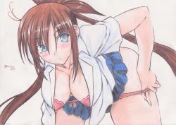 Rule 34 | 1girl, blue eyes, blue skirt, blush, bra, breasts, brown hair, chu x chu idol, cleavage, colored pencil (medium), derivative work, embarrassed, facing viewer, hair up, highres, large breasts, leaning forward, lingerie, long hair, looking at viewer, miniskirt, nakauchi chiyu, open clothes, open shirt, panties, panty pull, pink bra, pink panties, pleated skirt, pulling own clothes, remake, school uniform, shiroikame, shirt, simple background, skirt, solo, traditional media, underwear, undressing, very long hair, wallpaper, white background, white shirt