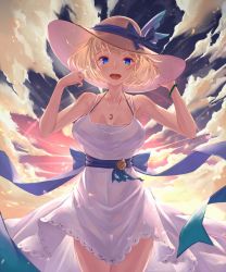 Rule 34 | 1girl, blonde hair, blue eyes, blush, breasts, cloud, dress, etrian odyssey, hand on headwear, hat, hat ribbon, highres, jewelry, large breasts, looking at viewer, open mouth, original, pendant, phalanx (sekaiju), ribbon, sekaiju no meikyuu, sekaiju no meikyuu 3, short hair, sky, smile, solo, sun hat, sundress, takamine nadare, white dress