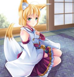 Rule 34 | 1girl, ahoge, animal ears, bare shoulders, bell, blonde hair, blush, breasts, closed mouth, commentary request, day, detached sleeves, fingernails, fox ears, fox girl, fox tail, frilled skirt, frills, green eyes, hair between eyes, highres, indoors, japanese clothes, jewelry, jingle bell, kimono, long sleeves, looking at viewer, looking to the side, magatama, magatama necklace, necklace, original, pleated skirt, purple skirt, short hair, short kimono, sitting, skirt, sleeveless, sleeveless kimono, small breasts, smile, solo, sunlight, tail, white kimono, wide sleeves, yumibakama meme