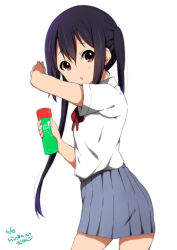 Rule 34 | 1girl, black hair, blush, bottle, brown eyes, holding, holding bottle, k-on!, long hair, looking at viewer, nakano azusa, official style, open mouth, pleated skirt, ragho no erika, ribbon, school uniform, simple background, skirt, solo, twintails, white background