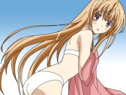 Rule 34 | 00s, 1girl, :o, ass, back, bare arms, bare back, bare shoulders, bikini, blue background, blush, covering privates, embarrassed, female focus, gradient background, hair down, highres, kannazuki no miko, kurusugawa himeko, leaning, leaning forward, light brown hair, long hair, looking at viewer, looking back, negativezero, non-web source, open mouth, shy, solo, swimsuit, towel, vector trace, very long hair, wallpaper, white background, white bikini