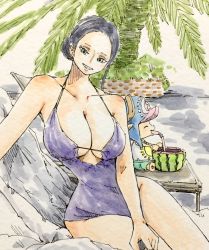 Rule 34 | 1boy, 1girl, age difference, bikini, breasts, cleavage, highres, large breasts, nico robin, one piece, outdoors, smile, swimsuit, tony tony chopper