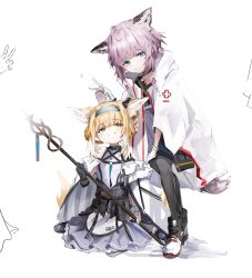 Rule 34 | 2girls, animal ear fluff, arknights, blonde hair, blue eyes, cross, hair rings, hairband, highres, holding, holding staff, infection monitor (arknights), kneeling, material growth, multiple girls, oripathy lesion (arknights), red cross, shoes, sikinose val, staff, sussurro (arknights), suzuran (arknights), v, yellow eyes