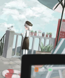 Rule 34 | 1girl, absurdres, akina (odoru nagi), battery indicator, beach umbrella, beret, bird, black hat, black skirt, blue sky, blurry, blurry foreground, camcorder, chair, closed mouth, cloud, cloudy sky, collared shirt, commentary request, day, earrings, expressionless, flower bed, flower pot, food, fruit, grey hair, half-closed eyes, hand on railing, hands up, hat, hatoba tsugu, highres, innertube, jewelry, long sleeves, looking at animal, lounge chair, mountainous horizon, outdoors, pantyhose, pigeon, plant, potted plant, railing, scenery, shirt, short hair, single earring, skirt, sky, solo, standing, summer, suspender skirt, suspenders, swim ring, tsugu (vtuber), umbrella, video camera, virtual youtuber, watermelon, watermelon slice, white pantyhose, white shirt, wide shot