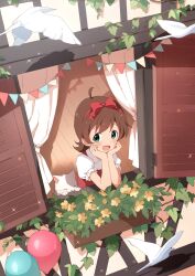 Rule 34 | 1girl, :d, absurdres, ahoge, balloon, bird, blush, brown hair, buchi (y0u0ri ), cat, curtains, dot nose, dress, flower pot, frilled dress, frills, from above, green eyes, hair ribbon, hairband, head rest, highres, idolmaster, idolmaster million live!, idolmaster million live! theater days, kinoshita hinata, looking at another, open mouth, open window, plant, puffy short sleeves, puffy sleeves, red dress, red ribbon, ribbon, short hair, short sleeves, smile, solo, string of flags, vines, window