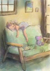 1girl barefoot brown_hair child closed_eyes commentary couch dress full_body guma hair_ornament hairclip highres indoors lying medium_hair on_stomach open_mouth original sketch sketchbook sleeping solo strap_slip stuffed_animal stuffed_toy teddy_bear window