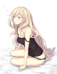 Rule 34 | 10s, 1girl, bed sheet, black panties, blonde hair, blue eyes, kantai collection, long hair, mole, mole under eye, mole under mouth, monoku, open mouth, panties, richelieu (kancolle), simple background, solo, underwear, white background