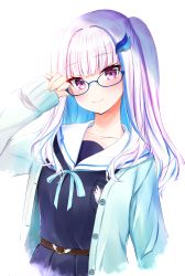 Rule 34 | 1girl, adjusting eyewear, black serafuku, black shirt, black skirt, blue-framed eyewear, blue cardigan, blue hair, blue ribbon, blush, cardigan, closed mouth, commentary request, ex idol, glasses, hair ornament, hand up, head tilt, highres, lize helesta, lize helesta (4th costume), long hair, long sleeves, looking at viewer, multicolored hair, neck ribbon, nijisanji, open cardigan, open clothes, pleated skirt, purple eyes, ribbon, sailor collar, school uniform, serafuku, shirt, silver hair, simple background, skirt, sleeves past wrists, smile, solo, two-tone hair, two side up, virtual youtuber, white background, white sailor collar