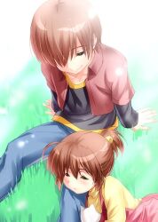 Rule 34 | 1boy, 1girl, aged down, ahoge, animal, animal hug, arm support, bell, black shirt, blush, brother and sister, brown hair, casual, cat, closed eyes, closed mouth, commentary request, cropped jacket, day, denim, eyelashes, hair bell, hair between eyes, hair ornament, hair over one eye, jacket, jeans, jingle bell, little busters!, long sleeves, lying, natsume kyousuke, natsume rin, on grass, on side, one-hour drawing challenge, one eye covered, open clothes, open jacket, outdoors, overalls, pants, parted lips, pink overalls, red jacket, shirt, short hair, short ponytail, siblings, sitting, smile, white cat, yellow shirt, zen (kamuro)