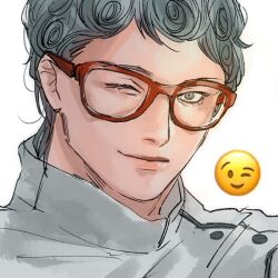 Rule 34 | 1boy, bare shoulders, blue eyes, closed mouth, emoji, ghiaccio, glasses, jacket, jojo no kimyou na bouken, looking at viewer, male focus, meron nouka, one eye closed, simple background, smile, solo, upper body, vento aureo, wavy hair, white background, white jacket