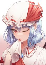 Rule 34 | 1girl, absurdres, bat wings, blood, blue hair, bow, closed mouth, commentary request, erbium, frilled shirt collar, frilled sleeves, frills, gradient background, hat, hat bow, highres, mob cap, napkin, one eye closed, puffy short sleeves, puffy sleeves, red eyes, remilia scarlet, short hair, short sleeves, solo, touhou, wings, wiping mouth