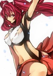 Rule 34 | 10s, 1girl, arms up, breasts, cleavage, cleavage cutout, clothing cutout, cross ange, hair between eyes, hair ornament, highres, hilda (cross ange), long hair, looking at viewer, navel, purple eyes, red hair, revealing clothes, solo, text focus, torn clothes, translated, twintails, white background