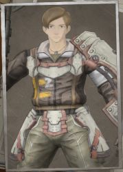 Rule 34 | 1boy, 3d, armor, brown eyes, brown hair, clothes, coat, gloves, jacket, jewelry, jimmy frank, looking at viewer, male focus, military, military uniform, necklace, official art, pants, sega, senjou no valkyria (series), senjou no valkyria 4, serious, shirt, short hair, simple background, solo, standing, uniform, weapon