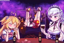 Rule 34 | 3girls, = =, ahoge, akagi (kancolle), artist name, azur lane, beer bottle, belfast (azur lane), blonde hair, blush, bound, bound ankles, bound wrists, braid, brand name imitation, breasts, broken, broken chain, brown hair, burning, burnt clothes, chain, cleavage, collar, commentary, crossover, cup, drinking glass, fire, french braid, guinness (beer), hair ribbon, heart, heart ahoge, holding, holding cup, irony, kantai collection, large breasts, log, long hair, lumineko, maid, maid headdress, multiple crossover, multiple girls, muneate, no gloves, o&#039;bannon (warship girls r), potato, purple eyes, ribbon, roasting, short sleeves, smoke, straw, tears, thighhighs, torn clothes, trait connection, two side up, warship girls r, white hair, white legwear, wine glass, you&#039;re doing it wrong