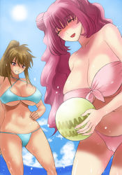 Rule 34 | 2girls, ball, bare shoulders, beachball, bikini, blush, botepuri kanda family, breasts, brown hair, cameltoe, cleavage, curvy, day, covered erect nipples, closed eyes, huge breasts, long hair, multiple girls, pink hair, ponytail, qoopie, red eyes, smile, swimsuit, twintails, underboob, wet, wide hips